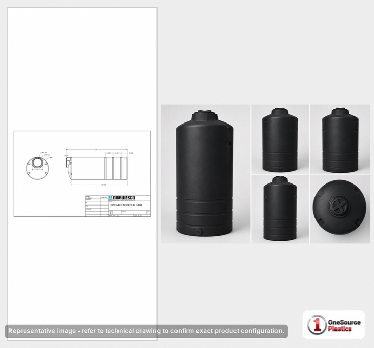 Dimensional spec drawing for Norwesco 950 Gallon Vertical Storage Tank (48" L x 48" W x 134" H)