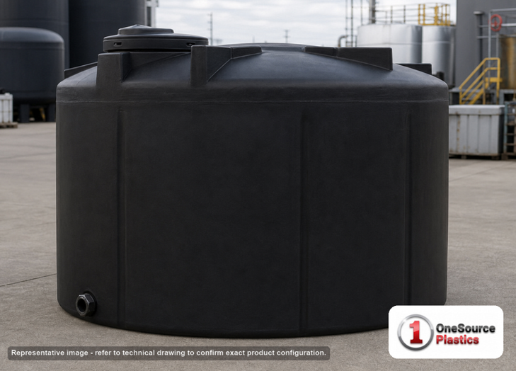 Snyder Industries 1100 Gallon Black Heavy Duty Vertical Storage Tank. Polyethylene; Black; dimensions 55.0in H x 86.0in W x 86.0in L; 210.0 lb empty; 1.9 specific gravity rating; fittings: 1 Outlet , 1 Manway / Lid; max temp 120 deg  F / 48 deg  C; 3 Year Warranty. Manufacturer part number 8120000C34. Sold by OneSource Plastics (https://www.onesourceplastics.com).