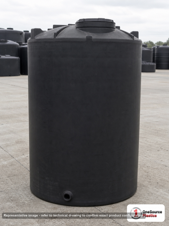 Snyder Industries 1100 Gallon Black Heavy Duty Vertical Storage Tank. Polyethylene; Black; dimensions 90.0in H x 64.0in W x 64.0in L; 220.0 lb empty; 1.9 specific gravity rating; fittings: 1 Outlet , 1 Manway / Lid; max temp 120 deg  F / 48 deg  C; 3 Year Warranty. Manufacturer part number 1830000C34. Sold by OneSource Plastics (https://www.onesourceplastics.com).