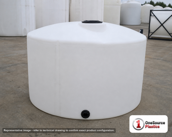 Snyder Industries 1100 Gallon Heavy Duty Vertical Storage Tank. Polyethylene; Natural White; dimensions 55.0in H x 86.0in W x 86.0in L; 210.0 lb empty; 1.9 specific gravity rating; fittings: 1 Outlet , 1 Manway / Lid; max temp 120 deg  F / 48 deg  C; 3 Year Warranty. Manufacturer part number 8120000C26. Sold by OneSource Plastics (https://www.onesourceplastics.com).