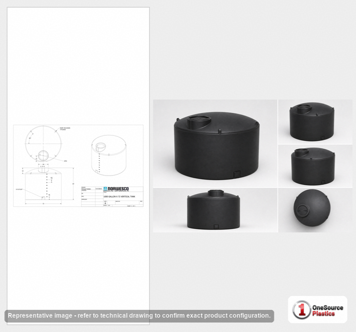 Dimensional spec drawing for Norwesco 1000 Gallon Vertical Storage Tank (72" L x 72" W x 66" H)