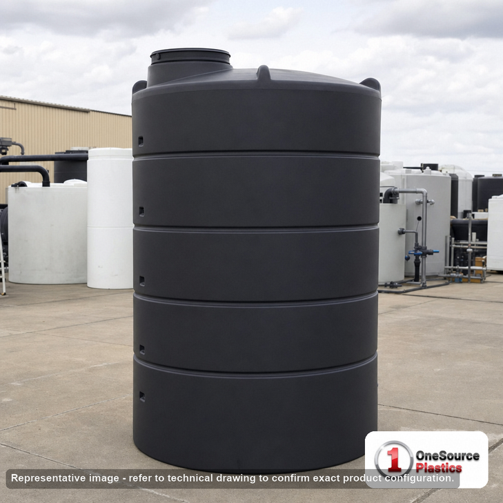 Norwesco 1250 Gallon Black Heavy Duty Vertical Storage Tank. 1250 gallon capacity; Polyethylene; Black; dimensions 114.0in H x 60.0in W x 60.0in L; 290.0 lb empty; 1.9 specific gravity rating; fittings: 1 Outlet , 1 Manway / Lid; max temp 120 deg  F / 48 deg  C; 5 Year Warranty. Manufacturer part number 44358b. Manufactured by Norwesco. Sold by OneSource Plastics (https://www.onesourceplastics.com).