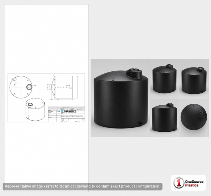 Dimensional spec drawing for Norwesco 2500 Gallon (91" L x 91" W x 91" H)