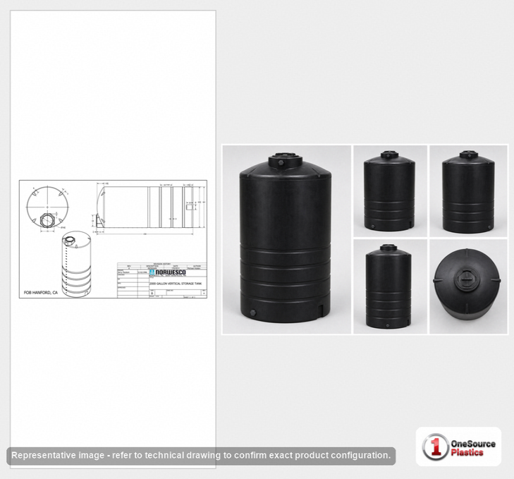 Dimensional spec drawing for Norwesco 2000 Gallon Vertical Storage Tank (64" L x 64" W x 152" H)