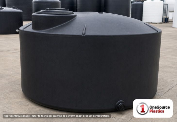 Norwesco 1550 Gallon Black Heavy Duty Vertical Storage Tank. Polyethylene; Black; dimensions 67.0in H x 87.0in W x 87.0in L; 249.0 lb empty; 1.9 specific gravity rating; fittings: 1 Outlet , 1 Manway / Lid; max temp 120 deg  F / 48 deg  C; 5 Year Warranty. Manufacturer part number 40236B. Sold by OneSource Plastics (https://www.onesourceplastics.com).