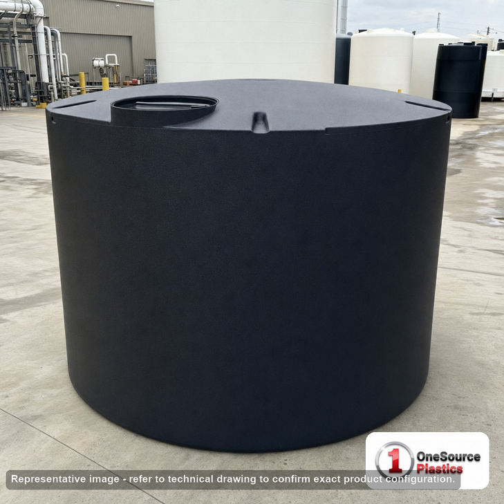Norwesco 5000 Gallon Black Vertical Storage Tank. 5000 gallon capacity; Polyethylene; Black; 86" H x 141" W x 141" L