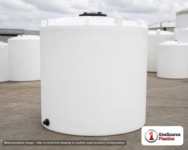 Snyder Industries 2500 Gallon Vertical Storage Tank. Polyethylene; Natural White; dimensions 107.0in H x 90.0in W x 90.0in L; 450.0 lb empty; 1.5 specific gravity rating; fittings: 1 Outlet , 1 Manway / Lid; max temp 120 deg  F / 48 deg  C; 3 Year Warranty. Manufacturer part number 8140000C37. Sold by OneSource Plastics (https://www.onesourceplastics.com).