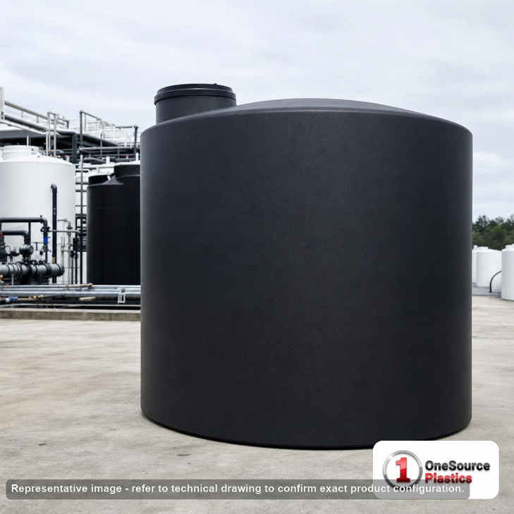 Norwesco 3000 Gallon Black Vertical Storage Tank. 3000 gallon capacity; Polyethylene; Black; dimensions 93.0in H x 102.0in W x 102.0in L; 419.0 lb empty; 1.5 specific gravity rating; fittings: 1 Outlet , 1 Manway / Lid; max temp 120 deg  F / 48 deg  C; 3 Year Warranty. Manufacturer part number 45260. Manufactured by Norwesco. Sold by OneSource Plastics (https://www.onesourceplastics.com).