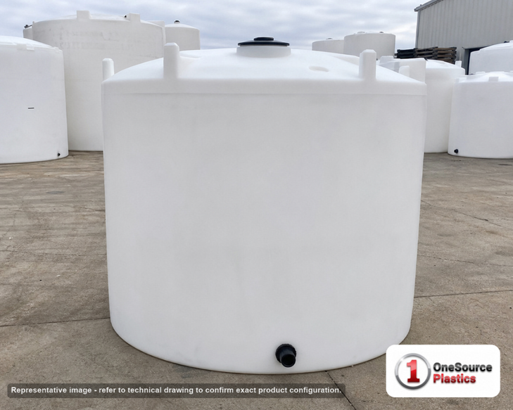 Snyder Industries 2500 Gallon Vertical Storage Tank. Polyethylene; Natural White; dimensions 98.0in H x 96.0in W x 96.0in L; 510.0 lb empty; 1.5 specific gravity rating; fittings: 1 Outlet , 1 Manway / Lid; max temp 120 deg  F / 48 deg  C; 3 Year Warranty. Manufacturer part number 5090300C37. Sold by OneSource Plastics (https://www.onesourceplastics.com).