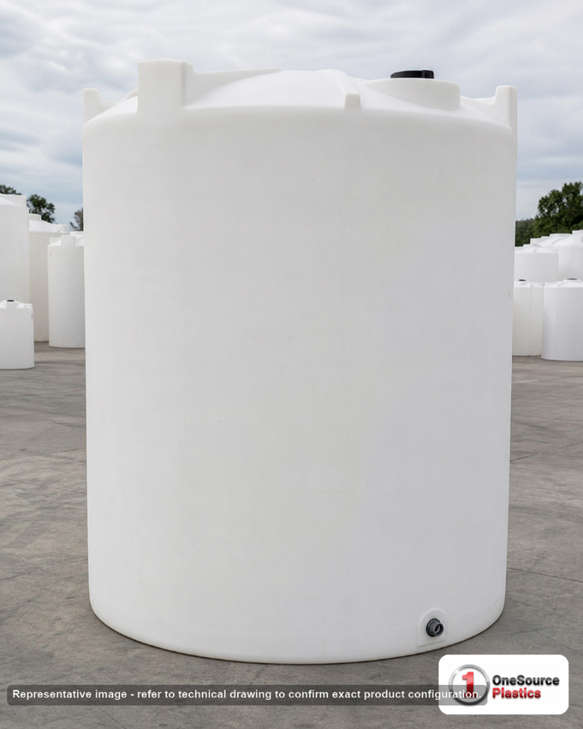 Snyder Industries 2500 Gallon Heavy Duty Vertical Storage Tank. Polyethylene; Natural White; dimensions 107.0in H x 90.0in W x 90.0in L; 450.0 lb empty; 1.9 specific gravity rating; fittings: 1 Outlet , 1 Manway / Lid; max temp 120 deg  F / 48 deg  C; 3 Year Warranty. Manufacturer part number 5090000C26. Sold by OneSource Plastics (https://www.onesourceplastics.com).