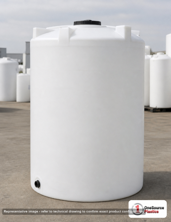 Snyder Industries 1550 Gallon Heavy Duty Vertical Storage Tank. Polyethylene; Natural White; dimensions 124.0in H x 64.0in W x 64.0in L; 335.0 lb empty; 1.9 specific gravity rating; fittings: 1 Outlet , 1 Manway / Lid; max temp 120 deg  F / 48 deg  C; 3 Year Warranty. Manufacturer part number 1840000C26. Sold by OneSource Plastics (https://www.onesourceplastics.com).
