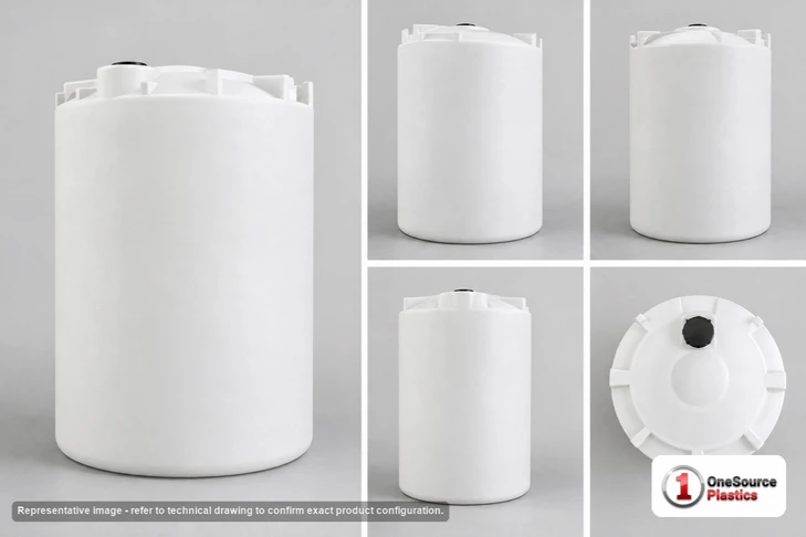 Dimensional spec drawing for Snyder 1550 Gallon Vertical Storage Tank (64" L x 64" W x 124" H)