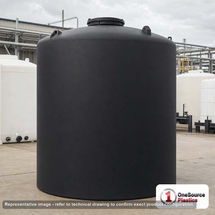 Norwesco 8400 Gallon Black Vertical Storage Tank. 8400 gallon capacity; Polyethylene; Black; 188" H x 119" W x 119" L