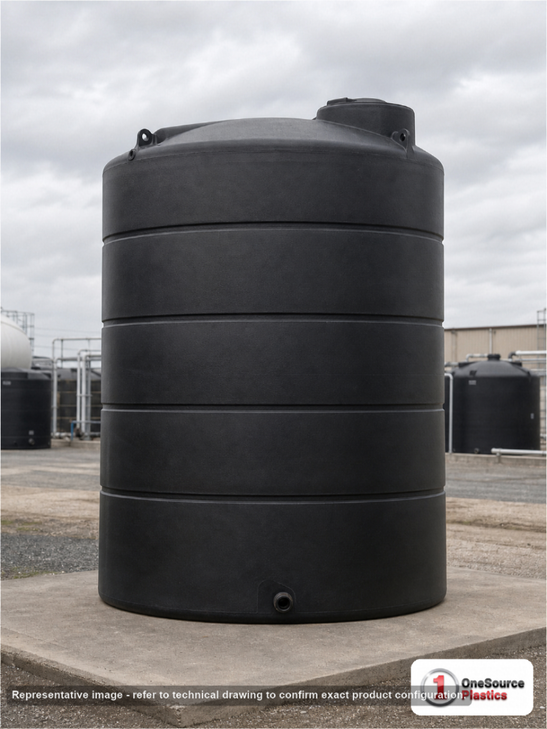 Norwesco 6502 Gallon Black Heavy Duty Vertical Storage Tank. Polyethylene; Black; dimensions 196.0in H x 102.0in W x 102.0in L; 1700.0 lb empty; 1.9 specific gravity rating; fittings: 1 Outlet , 1 Manway / Lid; max temp 120 deg  F / 48 deg  C; 5 Year Warranty. Manufacturer part number 47620b. Sold by OneSource Plastics (https://www.onesourceplastics.com).