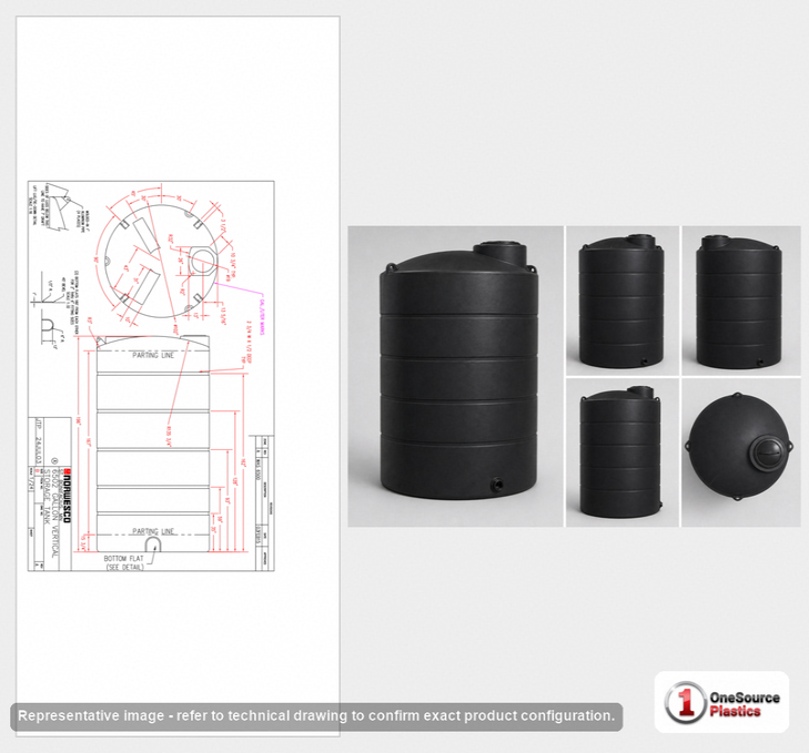 Dimensional spec drawing for Norwesco 6502 Gallon Vertical Storage Tank (102" L x 102" W x 196" H)