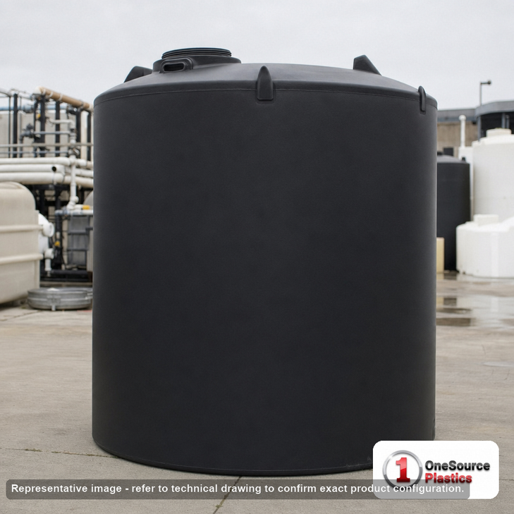 Norwesco 4000 Gallon Black Vertical Storage Tank. 4000 gallon capacity; Polyethylene; Black; dimensions 125.0in H x 102.0in W x 102.0in L; 753.0 lb empty; 1.5 specific gravity rating; fittings: 1 Outlet , 1 Manway / Lid; max temp 120 deg  F / 48 deg  C; 3 Year Warranty. Manufacturer part number 40851. Manufactured by Norwesco. Sold by OneSource Plastics (https://www.onesourceplastics.com).