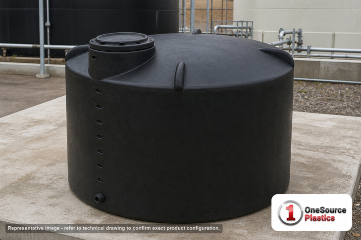 Norwesco 1700 Gallon Black Heavy Duty Vertical Storage Tank. 1700 gallon capacity; Polyethylene; Black; dimensions 74.0in H x 87.0in W x 87.0in L; 279.0 lb empty; 1.9 specific gravity rating; fittings: 1 Outlet , 1 Manway / Lid; max temp 120 deg  F / 48 deg  C; 5 Year Warranty. Manufacturer part number 42999. Manufactured by Norwesco. Sold by OneSource Plastics (https://www.onesourceplastics.com).