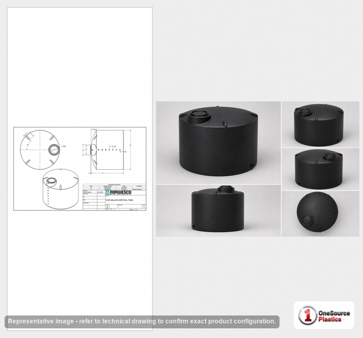 Dimensional spec drawing for Norwesco 1700 Gallon Vertical Storage Tank (87" L x 87" W x 74" H)