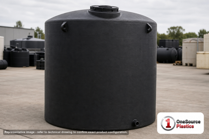 Norwesco 8400 Gallon Black Heavy Duty Vertical Storage Tank. 8400 gallon capacity; Polyethylene; Black; dimensions 188.0in H x 119.0in W x 119.0in L; 2056.0 lb empty; 1.9 specific gravity rating; fittings: 1 Outlet , 1 Manway / Lid; max temp 120 deg  F / 48 deg  C; 5 Year Warranty. Manufacturer part number 42062b. Manufactured by Norwesco. Sold by OneSource Plastics (https://www.onesourceplastics.com).