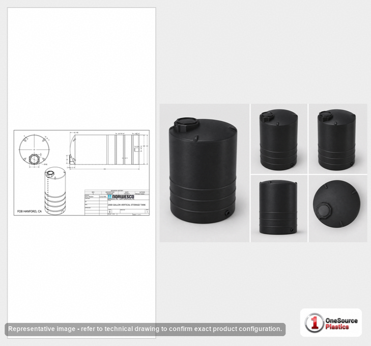 Dimensional spec drawing for Norwesco 2000 Gallon Vertical Storage Tank (64" L x 64" W x 152" H)