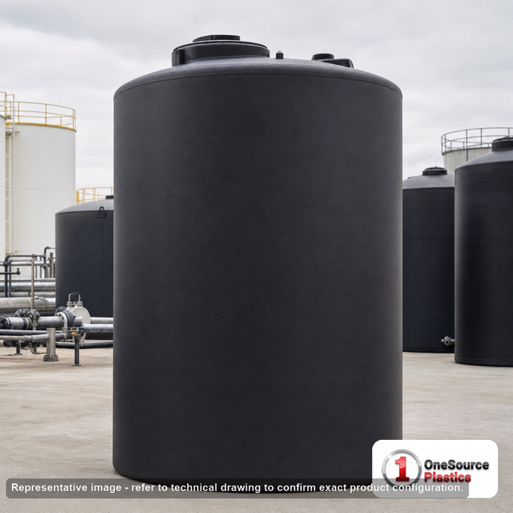 Norwesco 20000 Gallon Black Vertical Storage Tank. Polyethylene; Black; dimensions 242.0in H x 165.0in W x 165.0in L; 5007.0 lb empty; 1.5 specific gravity rating; fittings: 1 Outlet , 1 Manway / Lid; max temp 120 deg  F / 48 deg  C; 3 Year Warranty. Manufacturer part number 44344. Manufactured by Norwesco. Sold by OneSource Plastics (https://www.onesourceplastics.com).
