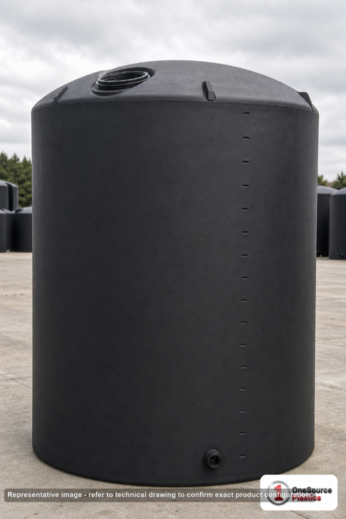 Norwesco 6000 Gallon Black Heavy Duty Vertical Storage Tank. 6000 gallon capacity; Polyethylene; Black; dimensions 182.0in H x 102.0in W x 102.0in L; 1451.0 lb empty; 1.9 specific gravity rating; fittings: 1 Outlet , 1 Manway / Lid; max temp 120 deg  F / 48 deg  C; 5 Year Warranty. Manufacturer part number 41414. Manufactured by Norwesco. Sold by OneSource Plastics (https://www.onesourceplastics.com).