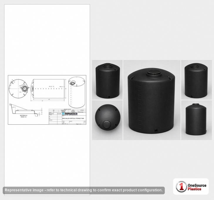 Dimensional spec drawing for Norwesco 6000 Gallon Vertical Storage Tank (102" L x 102" W x 182" H)