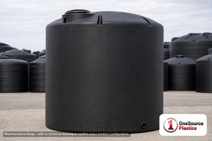 Norwesco 6000 Gallon Black Vertical Storage Tank. 6000 gallon capacity; Polyethylene; Black; dimensions 182.0in H x 102.0in W x 102.0in L; 1331.0 lb empty; 1.5 specific gravity rating; fittings: 1 Outlet , 1 Manway / Lid; max temp 120 deg  F / 48 deg  C; 3 Year Warranty. Manufacturer part number 40769. Manufactured by Norwesco. Sold by OneSource Plastics (https://www.onesourceplastics.com).