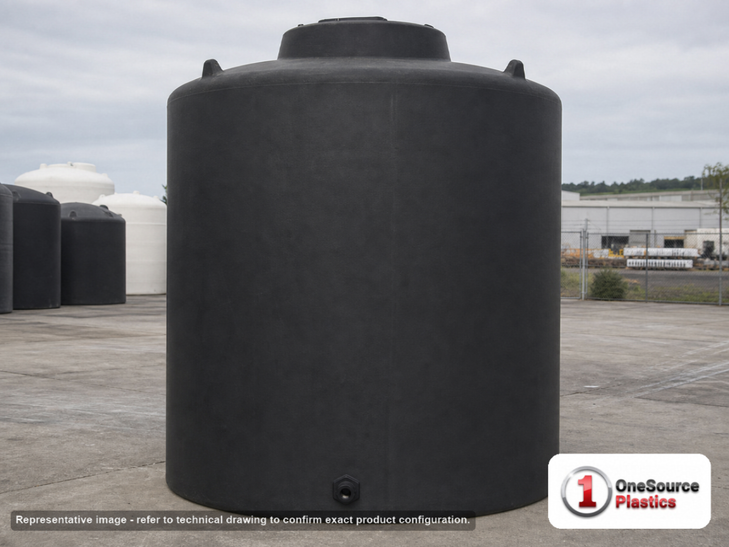 Norwesco 15000 Gallon Black Vertical Storage Tank. Polyethylene; Black; dimensions 186.0in H x 165.0in W x 165.0in L; 3603.0 lb empty; 1.5 specific gravity rating; fittings: 1 Outlet , 1 Manway / Lid; max temp 120 deg  F / 48 deg  C; 3 Year Warranty. Manufacturer part number 43821b. Manufactured by Norwesco. Sold by OneSource Plastics (https://www.onesourceplastics.com).