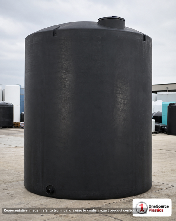 Norwesco 13000 Gallon Black Vertical Storage Tank. Polyethylene; Black; 198" H x 144" W x 144" L; fittings: 1 Outlet, 1