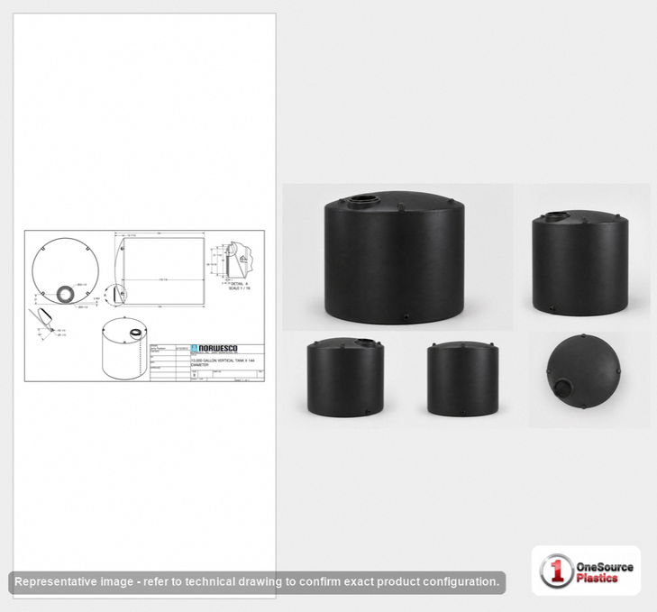 Dimensional spec drawing for Norwesco 13000 Gallon Vertical Storage Tank (144" L x 144" W x 198" H)