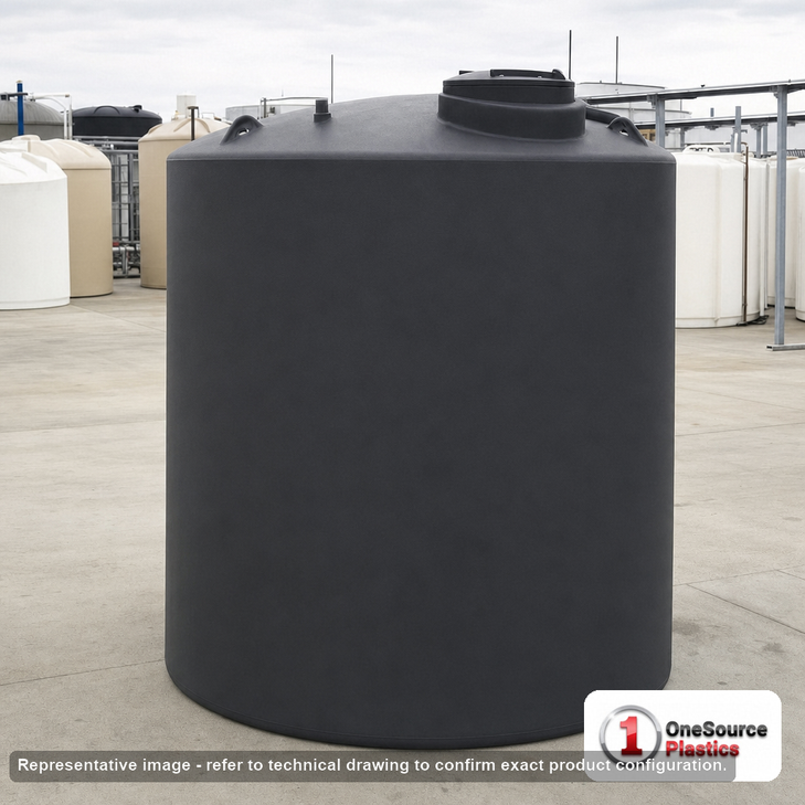 Norwesco 12000 Gallon Black Heavy Duty Vertical Storage Tank. Polyethylene; Black; dimensions 193.0in H x 141.0in W x 141.0in L; 3303.0 lb empty; 1.9 specific gravity rating; fittings: 1 Outlet , 1 Manway / Lid; max temp 120 deg  F / 48 deg  C; 5 Year Warranty. Manufacturer part number 43921b. Manufactured by Norwesco. Sold by OneSource Plastics (https://www.onesourceplastics.com).