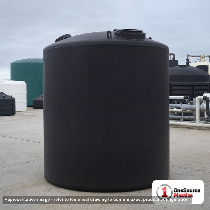 Norwesco 12000 Gallon Black Vertical Storage Tank. Polyethylene; Black; 193" H x 141" W x 141" L; fittings: 1 Outlet, 1