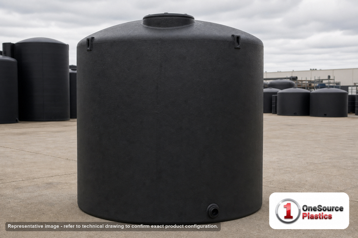 Norwesco 6500 Gallon Black Heavy Duty Vertical Storage Tank. 6500 gallon capacity; Polyethylene; Black; dimensions 150.0in H x 119.0in W x 119.0in L; 1506.0 lb empty; 1.9 specific gravity rating; fittings: 1 Outlet , 1 Manway / Lid; max temp 120 deg  F / 48 deg  C; 5 Year Warranty. Manufacturer part number 40232b. Manufactured by Norwesco. Sold by OneSource Plastics (https://www.onesourceplastics.com).