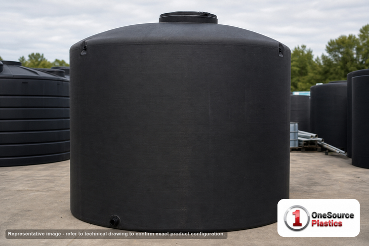 Norwesco 6500 Gallon Black Vertical Storage Tank. Polyethylene; Black; 150" H x 119" W x 119" L; fittings: 1 Outlet, 1