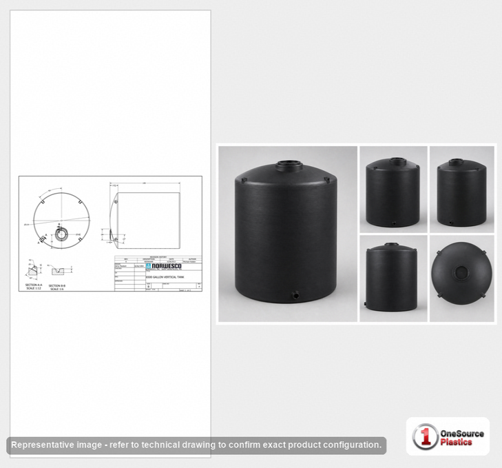 Dimensional spec drawing for Norwesco 6500 Gallon Vertical Storage Tank (119" L x 119" W x 150" H)