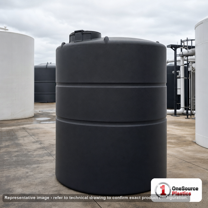 Norwesco 1500 Gallon Black Heavy Duty Vertical Storage Tank. 1500 gallon capacity; Polyethylene; Black; dimensions 116.0in H x 64.0in W x 64.0in L; 329.0 lb empty; 1.9 specific gravity rating; fittings: 1 Outlet , 1 Manway / Lid; max temp 120 deg  F / 48 deg  C; 5 Year Warranty. Manufacturer part number 42018. Manufactured by Norwesco. Sold by OneSource Plastics (https://www.onesourceplastics.com).