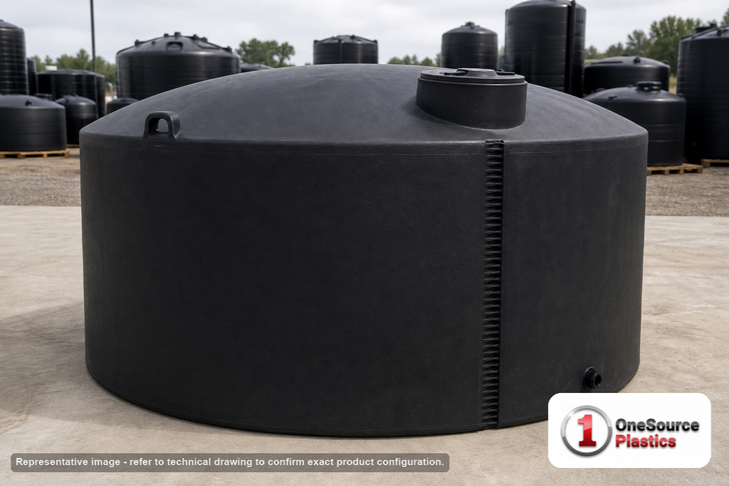 Norwesco 4995 Gallon Black Heavy Duty Vertical Storage Tank. 4995 gallon capacity; Polyethylene; Black; 89" H x 142" W x