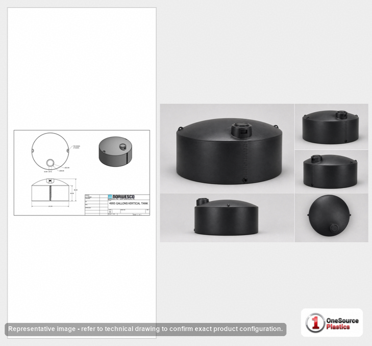 Dimensional spec drawing for Norwesco 4995 Gallon Vertical Storage Tank (142" L x 142" W x 89" H)