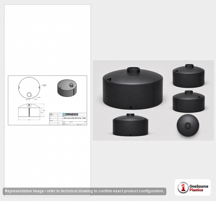 Dimensional spec drawing for Norwesco 4995 Gallon Vertical Storage Tank (142" L x 142" W x 89" H)