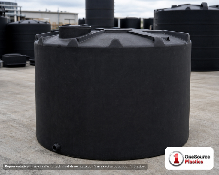 Snyder Industries 7650 Gallon Black Heavy Duty Vertical Storage Tank. Polyethylene; Black; dimensions 122.0in H x 142.0in W x 142.0in L; 1400.0 lb empty; 1.9 specific gravity rating; fittings: 1 Outlet , 1 Manway / Lid; max temp 120 deg  F / 48 deg  C; 3 Year Warranty. Manufacturer part number 5300700C34. Sold by OneSource Plastics (https://www.onesourceplastics.com).