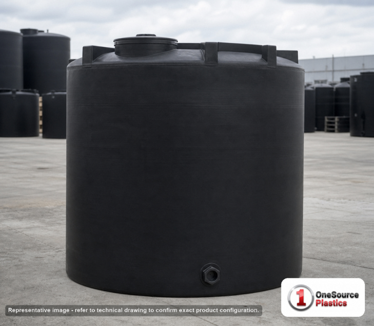Snyder Industries 5000 Gallon Black Heavy Duty Vertical Storage Tank. Polyethylene; Black; dimensions 116.0in H x 120.0in W x 120.0in L; 650.0 lb empty; 1.9 specific gravity rating; fittings: 1 Outlet , 1 Manway / Lid; max temp 120 deg  F / 48 deg  C; 3 Year Warranty. Manufacturer part number 7000500C34. Sold by OneSource Plastics (https://www.onesourceplastics.com).