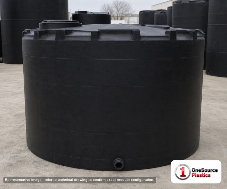 Snyder Industries 4300 Gallon Black Heavy Duty Vertical Storage Tank. Polyethylene; Black; dimensions 104.0in H x 120.0in W x 120.0in L; 850.0 lb empty; 1.9 specific gravity rating; fittings: 1 Outlet , 1 Manway / Lid; max temp 120 deg  F / 48 deg  C; 3 Year Warranty. Manufacturer part number 7421100C34. Sold by OneSource Plastics (https://www.onesourceplastics.com).