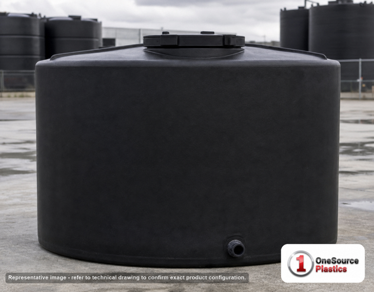 Snyder Industries 3000 Gallon Black Heavy Duty Vertical Storage Tank. Polyethylene; Black; dimensions 96.0in H x 102.0in W x 102.0in L; 520.0 lb empty; 1.9 specific gravity rating; fittings: 1 Outlet , 1 Manway / Lid; max temp 120 deg  F / 48 deg  C; 3 Year Warranty. Manufacturer part number 7410000C34. Sold by OneSource Plastics (https://www.onesourceplastics.com).