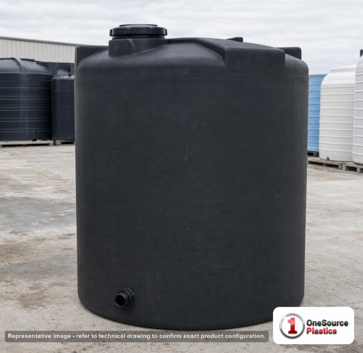 Snyder Industries 3000 Gallon Black Heavy Duty Vertical Storage Tank. Polyethylene; Black; dimensions 111.0in H x 96.0in W x 96.0in L; 600.0 lb empty; 1.9 specific gravity rating; fittings: 1 Outlet , 1 Manway / Lid; max temp 120 deg  F / 48 deg  C; 3 Year Warranty. Manufacturer part number 5130300C34. Sold by OneSource Plastics (https://www.onesourceplastics.com).