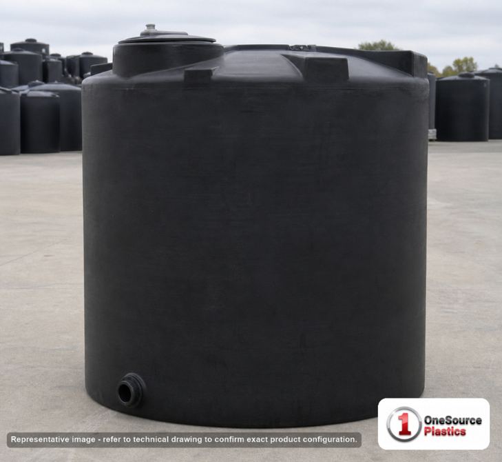 Snyder Industries 2500 Gallon Black Heavy Duty Vertical Storage Tank. Polyethylene; Black; dimensions 98.0in H x 96.0in W x 96.0in L; 510.0 lb empty; 1.9 specific gravity rating; fittings: 1 Outlet , 1 Manway / Lid; max temp 120 deg  F / 48 deg  C; 3 Year Warranty. Manufacturer part number 5090300C34. Sold by OneSource Plastics (https://www.onesourceplastics.com).