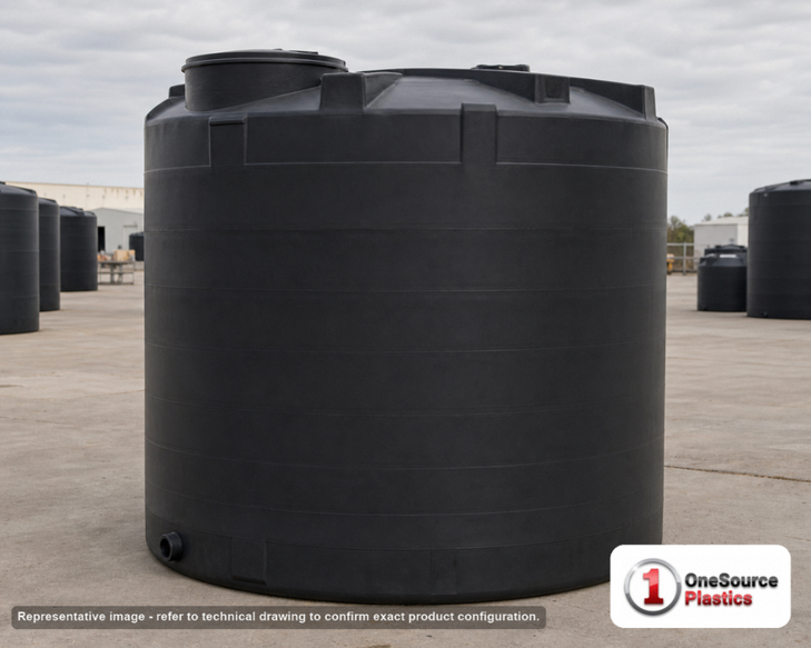 Snyder Industries 2500 Gallon Black Heavy Duty Vertical Storage Tank. Polyethylene; Black; dimensions 107.0in H x 90.0in W x 90.0in L; 450.0 lb empty; 1.9 specific gravity rating; fittings: 1 Outlet , 1 Manway / Lid; max temp 120 deg  F / 48 deg  C; 3 Year Warranty. Manufacturer part number 8140000C34. Sold by OneSource Plastics (https://www.onesourceplastics.com).
