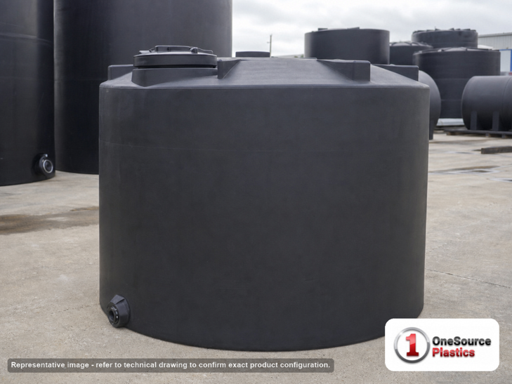 Snyder Industries 2000 Gallon Black Heavy Duty Vertical Storage Tank. Polyethylene; Black; dimensions 84.0in H x 96.0in W x 96.0in L; 420.0 lb empty; 1.9 specific gravity rating; fittings: 1 Outlet , 1 Manway / Lid; max temp 120 deg  F / 48 deg  C; 3 Year Warranty. Manufacturer part number 5050300C34. Sold by OneSource Plastics (https://www.onesourceplastics.com).