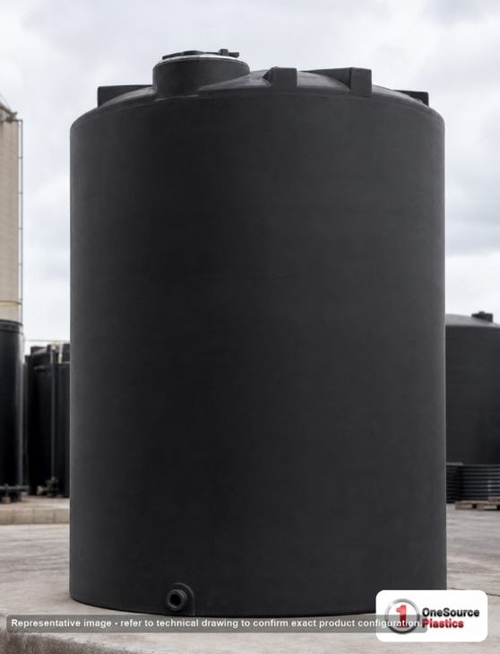 Snyder Industries 12500 Gallon Black Vertical Storage Tank. Polyethylene; Black; dimensions 198.0in H x 142.0in W x 142.0in L; 3100.0 lb empty; 1.5 specific gravity rating; fittings: 1 Outlet , 1 Manway / Lid; max temp 120 deg  F / 48 deg  C; 3 Year Warranty. Manufacturer part number 5350000C37-BLACK. Sold by OneSource Plastics (https://www.onesourceplastics.com).