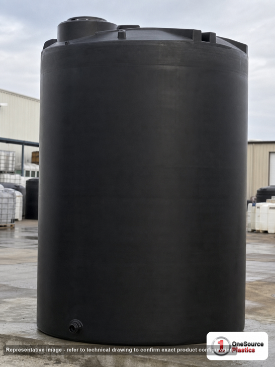 Snyder Industries 9800 Gallon Black Vertical Storage Tank. Polyethylene; Black; dimensions 215.0in H x 120.0in W x 120.0in L; 2800.0 lb empty; 1.5 specific gravity rating; fittings: 1 Outlet , 1 Manway / Lid; max temp 120 deg  F / 48 deg  C; 3 Year Warranty. Manufacturer part number 7450000C37-BLACK. Sold by OneSource Plastics (https://www.onesourceplastics.com).